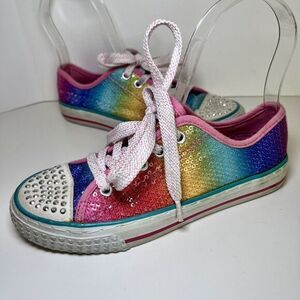 Paris Blues Sequin Rainbow Rhinestone Heart Sneakers Shoes Lace Up Girls Flats 1